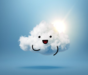 3d render, kawaii cotton cloud character, shining sun, mascot isolated on blue background. Happy emotion. Cute illustration Facial expression. Happy little guy looking at camera. Weather forecast icon
