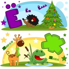Set of children's Russian alphabet. Russian letters and pictures to them. Words and letters for children and schoolchildren. Hedgehog, Christmas tree, giraffe with a scarf and toad.
