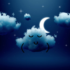 Obraz na płótnie Canvas 3d render, sleeping dreaming cloud cartoon character, silent night dream concept. Calm emotion. Sleepy mascot isolated on dark blue background. Funny kawaii weather illustration for kids