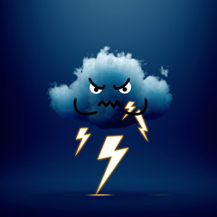 3d render, grumpy cloud cartoon character, thunder concept, throw lightning, bolt. Angry emotion. Mascot isolated on dark blue background. Stormy sky weather forecast icon. Funny kawaii illustration.