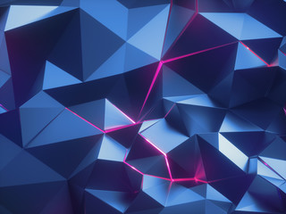 3d render, abstract faceted crystal background, blue metallic texture, pink neon light, glowing lines, triangles, geometric crystallized wallpaper, modern fashion concept