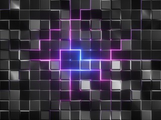 3d render, abstract black metallic faceted background, pink glowing neon light, square tiles, modern geometric texture, cyber network concept, grid