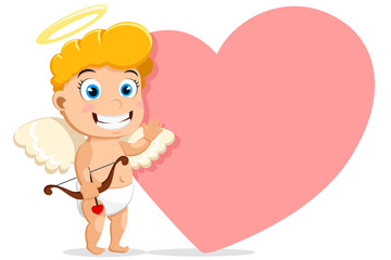 Cupid stands, smiling, copyspace heart, Valentines day
