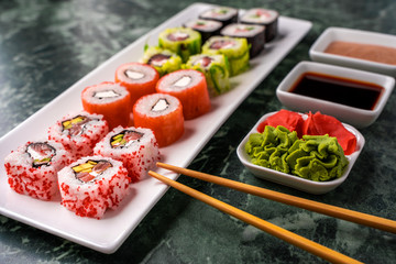 Japanese sushi set with soy sauce, wasabi and pickled ginger © Dzianis Rakhuba