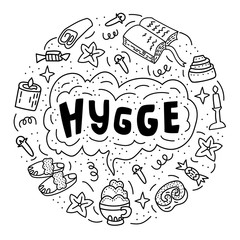 Vector illustration in doodle style with Hygge lettering and painted things that create coziness. For poster, postcard, print on fabric.