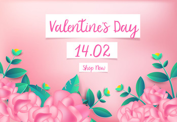 Valentines day Pink rose background with cute love greeting card.