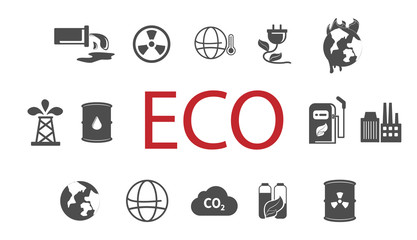 pollution icon set with factory, oil well, toxic waste vector icons
