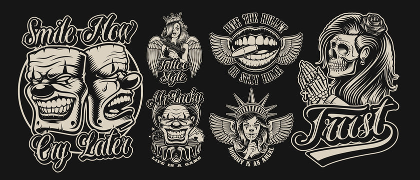Set of vector illustrations in chicano tattoo style