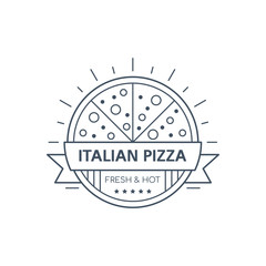 Pizza badge design, vector line art illustration