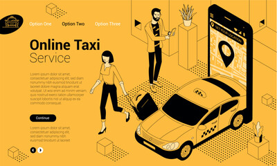 Flat design isometric online taxi car order template for online service mobile application, web site and banner. People with smartphones order taxi using mobile application. © mushakesa