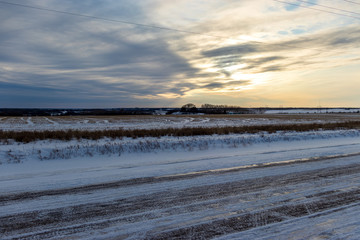 View of the frozen prairies in Saskatchewan Canada