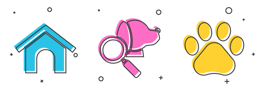 Set Dog house, Veterinary clinic symbol and Paw print icon. Vector