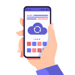 Hands holding phone with cloud synchronisation, phone cloud services concept, network gadget users technology vector flat illustration for web sites and banners design