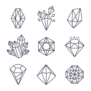 Hand drawn doodle gems. Line art gem stones, precious stones vector isolated set, black crystals modern illustration