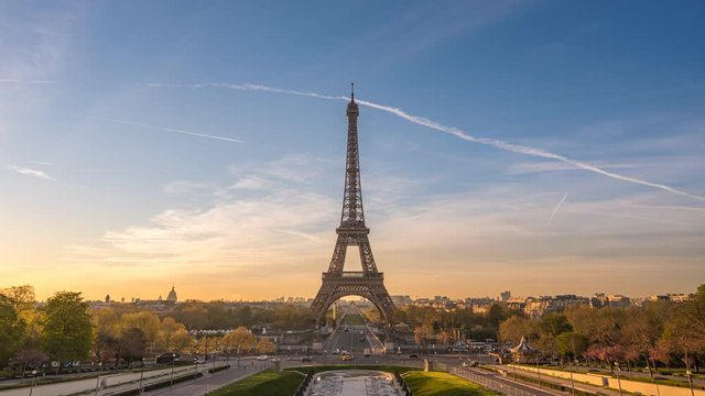 Paris France time lapse 4K, city skyline sunrise timelapse at Eiffel Tower and Trocadero Gardens