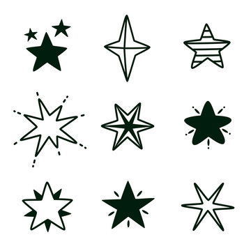 Hand drawn doodle star. Doodle black line star isolated set, black stars vector modern illustration