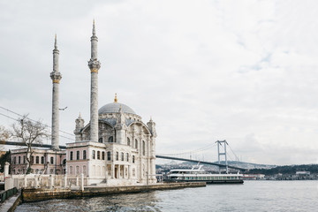Fototapeta na wymiar Beautiful view of Ortakei Mosque in Istanbul in Turkey. Traditional place of religious worship