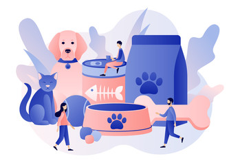 Pet services, pets care services. Pet shop. Tiny people and Pets Concept. Modern flat cartoon style. Vector illustration on white background