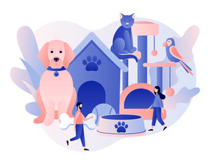 Pet services, pets care services. Pet shop. Tiny people and Pets Concept. Pet hotel, daycare, veterinary service. Modern flat cartoon style. Vector illustration on white background
