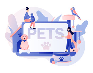 Online Pet services, pets care services. Pet shop. Tiny people and Pets Concept. Pet hotel, daycare, veterinary service. Modern flat cartoon style. Vector illustration on white background