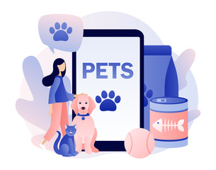 Pet services, pets care services. Pet shop. Tiny girl and Pets Concept. Modern flat cartoon style. Vector illustration on white background