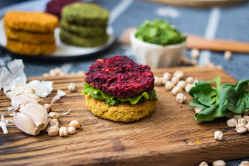 Vegan chickpea burgers cutlets or patties. Healthy vegan diet food.