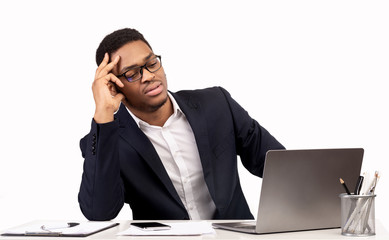 Exhausted african american manager feeling sad and desperate