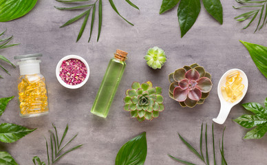 Spa background with hand made bio cosmetic and  cactus composition, flat lay, space for a text - Image.