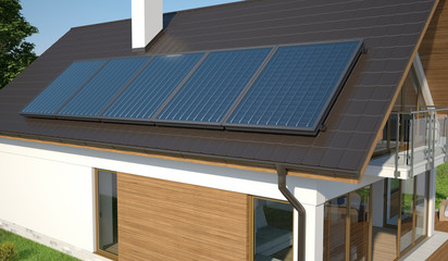 Solar panels on the roof, 3D illustration