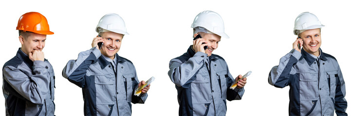 The builder in the orange helmet is incredibly rich. He received a large salary for repair work and now can celebrate. isolated