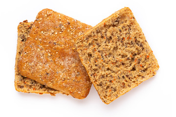 Rye bread slice on a white background.