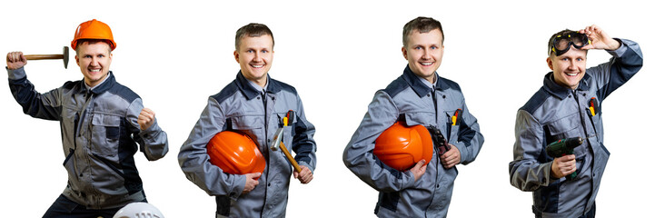 repair, construction, building, people and maintenance concept - smiling male builder or manual worker in helmet. Isolated