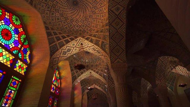 Panning left up | The beautiful interior of Nasir Al Mulk mosque in Sgiraz, Southern Iran | Silk Road Iran