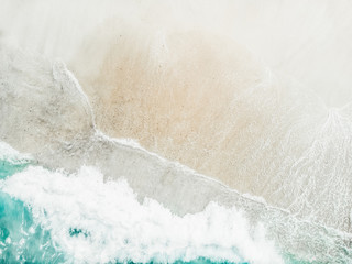 aerial drone shot, Top view of beautiful white sand beach with turquoise sea water and palm trees,