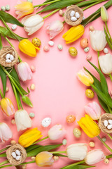 Fototapeta na wymiar Beautiful white, pink and yellow tulips flowers for Easter.