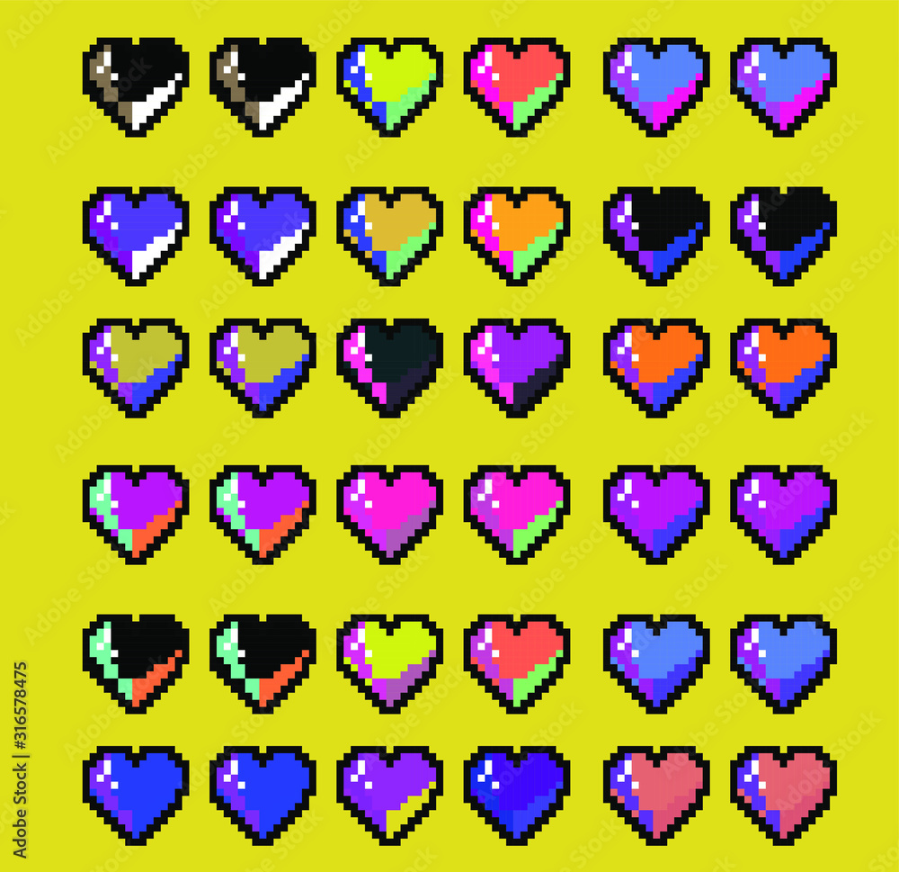 Poster pattern made of pixelated hearts like in old 8-bit arcade video game. vaporwave and retrowave style 