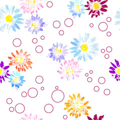 Fototapeta na wymiar abstract floral background seamless pattern with prints of flowers and camomile leaves on white. Vector illustration isolated on white background.