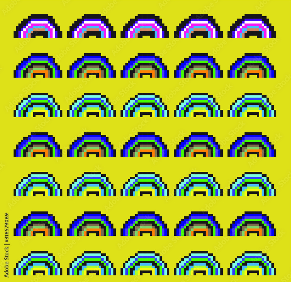 Poster seamless pattern made of rainbows in pixel art 8-bit style. vaporwave retro aesthetics of 80's-90's.