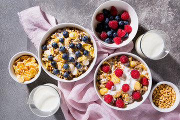 Bowl with granola fresh blueberries and raspberries and two glasses with milk on a gray background.
