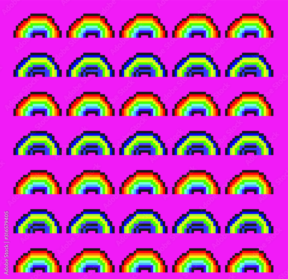 Poster seamless pattern made of rainbows in pixel art 8-bit style. vaporwave retro aesthetics of 80's-90's.
