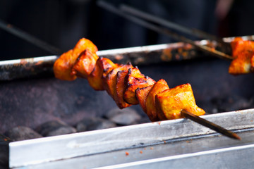 Pakistani cuisine Street food - rice,chicken kebab skewers and bread selection.