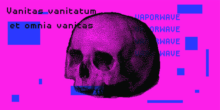 Scull made in pixel art technique with latin quote "Vanitas vanitatum et omnia vanitas" meaning "vanity of vanities, earthly life is ultimately empty". Vaporwave postmodern style illustration.
