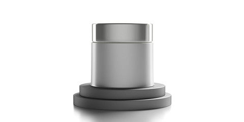 Glass cosmetic jar with silver cover isolated against white background. 3d illustration