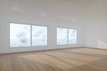 Fototapeta na wymiar Spheres floating on the sea,empty room,abstract conception,3d rendering.