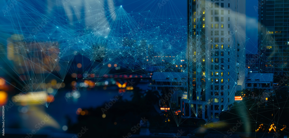 Poster Wireless network and Connection technology concept with Abstract Bangkok city background