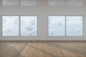 Spheres floating on the sea,empty room,abstract conception,3d rendering.