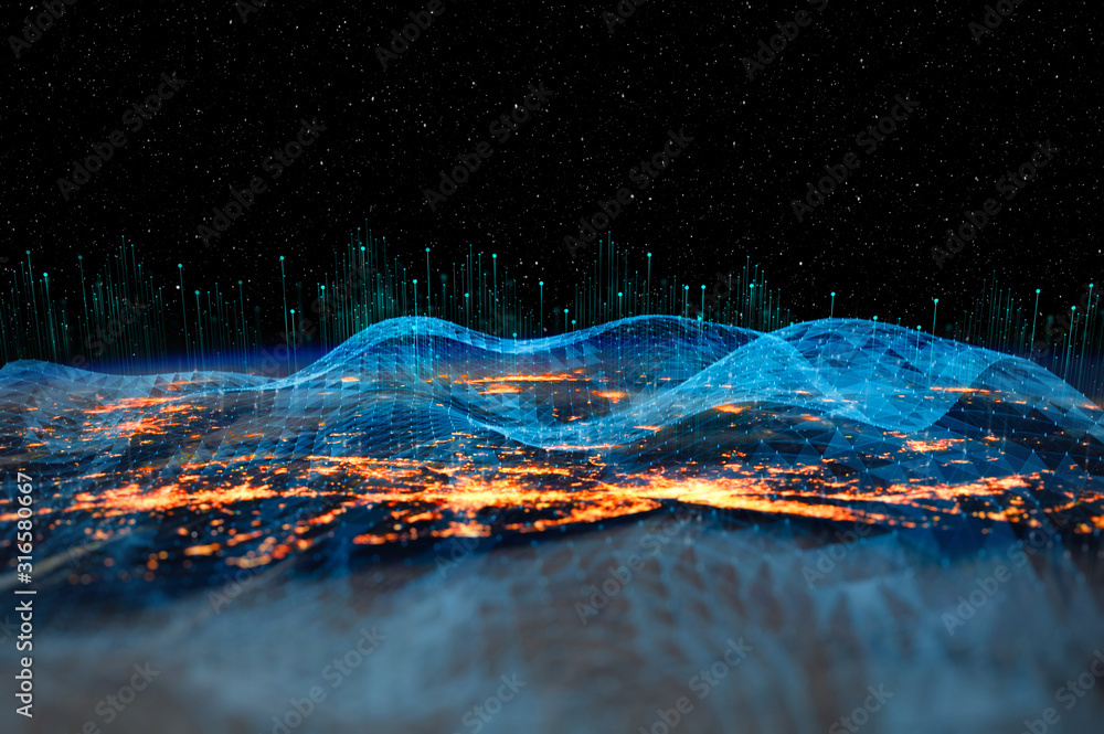 Poster Communication technology for internet business. Global world network and telecommunication on earth cryptocurrency and blockchain and IoT. Elements of this image furnished by NASA