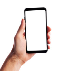 Man holding smartphone with empty screen isolated on white background. Male hand with phone, space for text