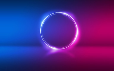 Abstract dark background with blue and pink neon glow. Neon luminous figure in the center of the stage.