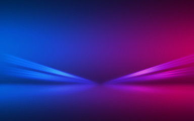 Abstract dark background with blue and pink neon glow. Neon luminous figure in the center of the stage.